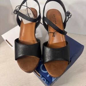 Arizona Jean Co Women Black Faux Leather Strap Wood Platform Wedge Sandals 11